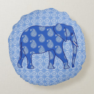 Paisley elephant - cobalt blue and white round cushion