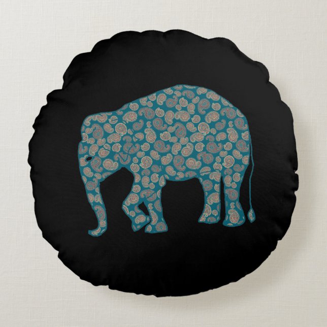Paisley Elephant Custom Black Round Pillow (Front)