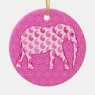Paisley elephant - ice pink and fuchsia ceramic tree decoration