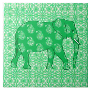 Paisley elephant - jade green and white tile