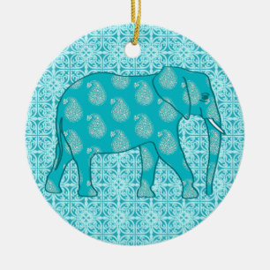 Paisley elephant - turquoise and aqua ceramic tree decoration