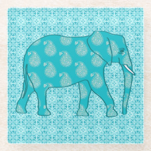 Paisley elephant - turquoise and aqua glass coaster