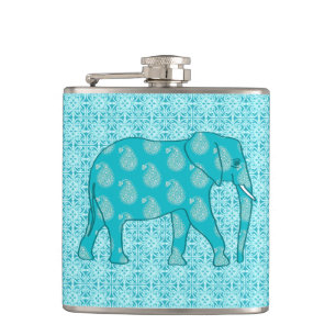 Paisley elephant - turquoise and aqua hip flask