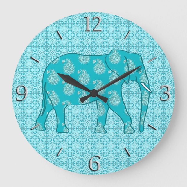Paisley elephant - turquoise and aqua large clock (Front)