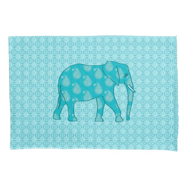 Paisley elephant - turquoise and aqua pillowcase (Front)