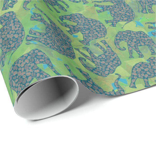 Paisley Elephants, Jungle Green Leaves Giftwrap Wrapping Paper (Roll Corner)