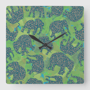 Paisley Elephants, Jungle Green Leaves Wall Clock