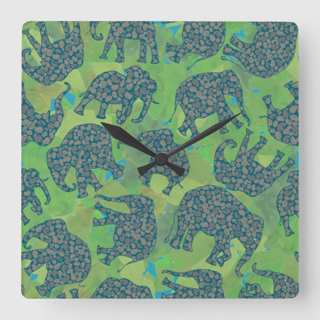 Paisley Elephants, Jungle Green Leaves Wall Clock (Front)