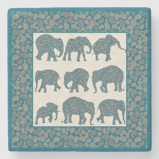 Paisley Elephants on Beige and Border Coaster (Front)