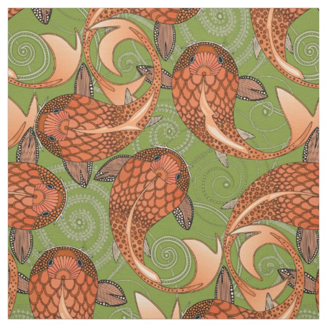 paisley fish green fabric (Swatch)