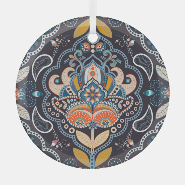 Paisley Floral: Dark Indian Pattern Glass Tree Decoration (Front)