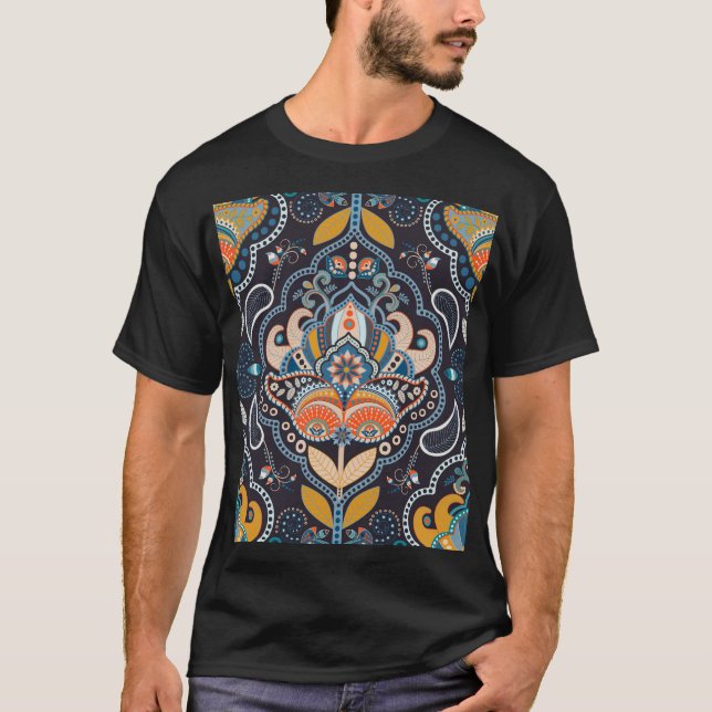 Paisley Floral: Dark Indian Pattern T-Shirt (Front)