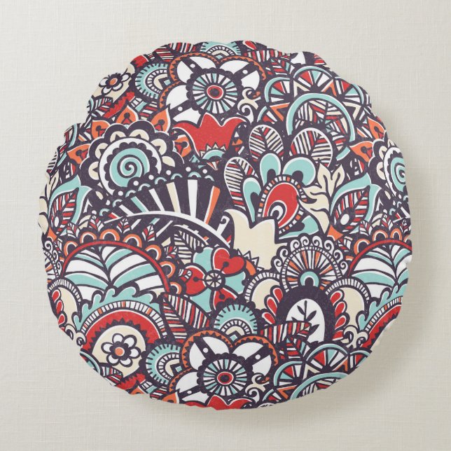 Paisley Floral Doodle Pattern Round Cushion (Front)