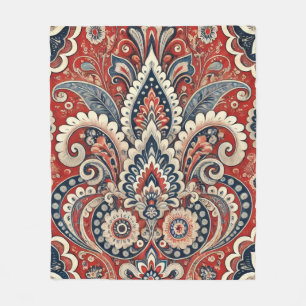 Paisley Floral Fusion in Red, White, and Blue Fleece Blanket