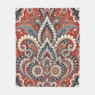 Paisley Floral Fusion in Red, White, and Blue Fleece Blanket