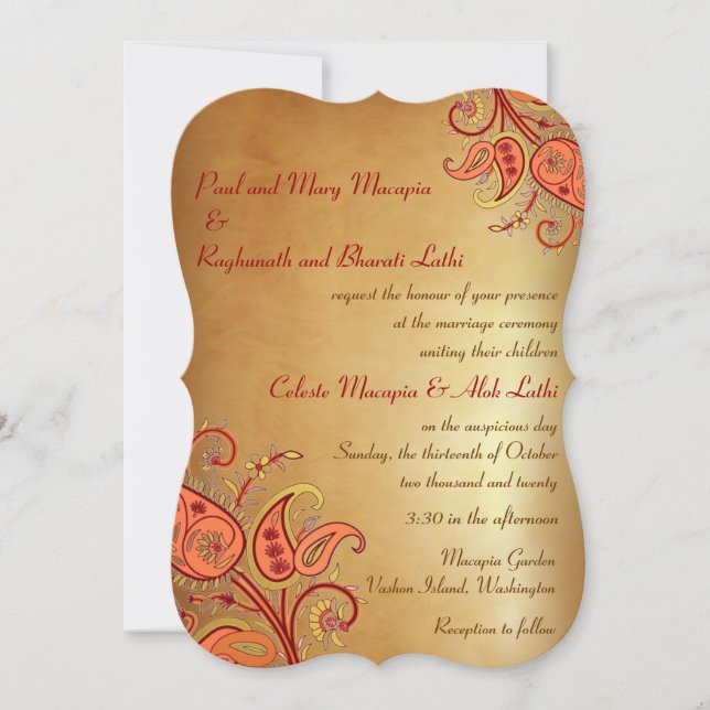 Paisley Floral Gold Red Orange Indian Wedding Invitation (Front)