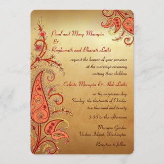 Paisley Floral Gold Red Orange Indian Wedding Invitation