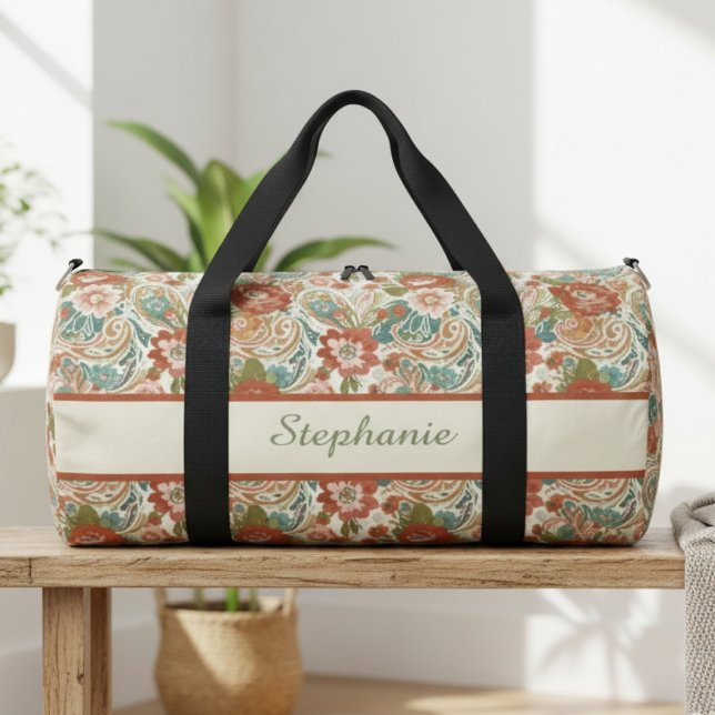 Paisley Floral Gym Bag - Custom Name Duffle (Floral paisley personalized gym bag)