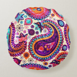 Paisley Floral Indian Seamless Ornament Round Cushion