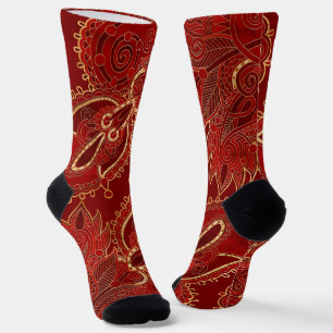 Paisley Floral Ornament Ruby red and gold Socks