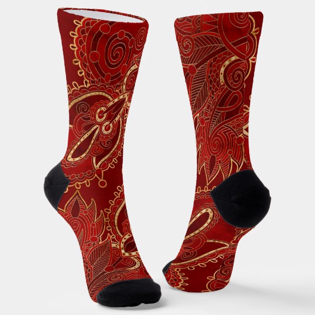 Paisley Floral Ornament Ruby red and gold Socks (Angled)