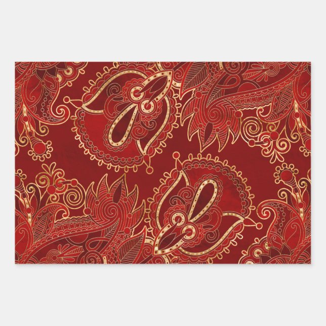 Paisley Floral  Ornament Ruby red and gold Wrapping Paper Sheet (Front)