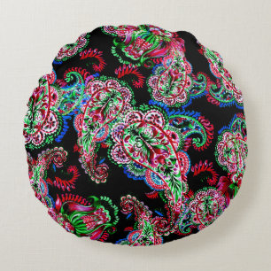 Paisley Floral Pattern, Ethnic Background. Round Cushion