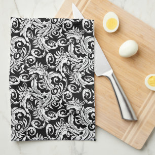 Paisley floral pattern swirl black white tea towel