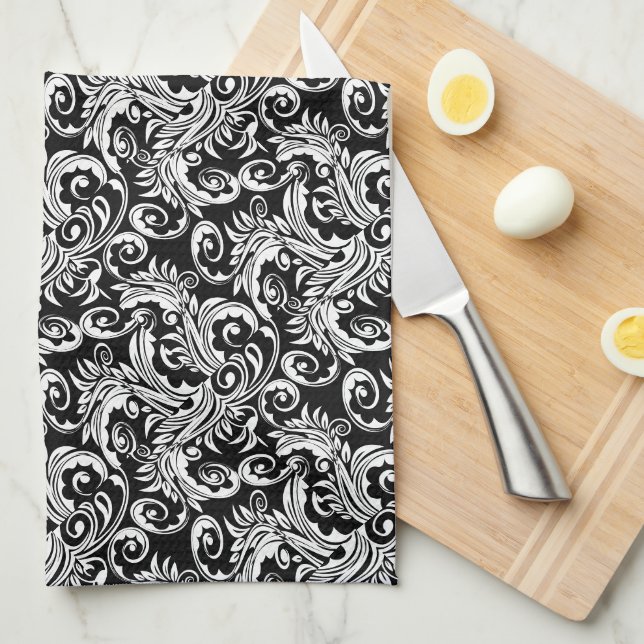 Paisley floral pattern swirl black white tea towel (Quarter Fold)