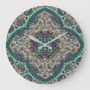 Paisley floral pattern teal silver pink bohemian  large clock