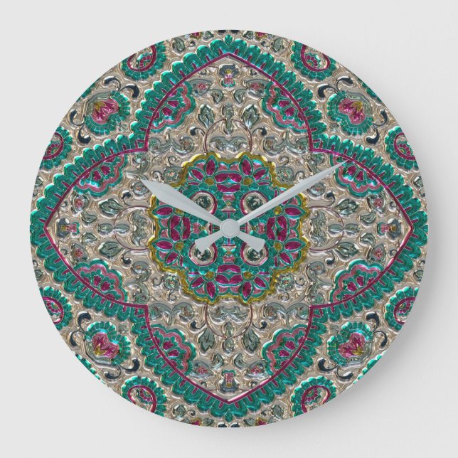 Paisley floral pattern teal silver pink bohemian  large clock (Front)