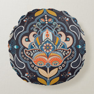 Paisley floral seamless pattern. Dark backdrop wit Round Cushion