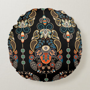 Paisley floral seamless pattern. Dark backdrop wit Round Cushion