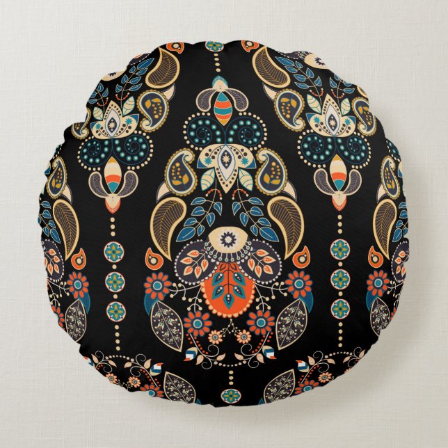 Paisley floral seamless pattern. Dark backdrop wit Round Cushion (Front)