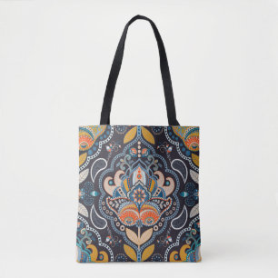 Paisley floral seamless pattern. Dark backdrop wit Tote Bag