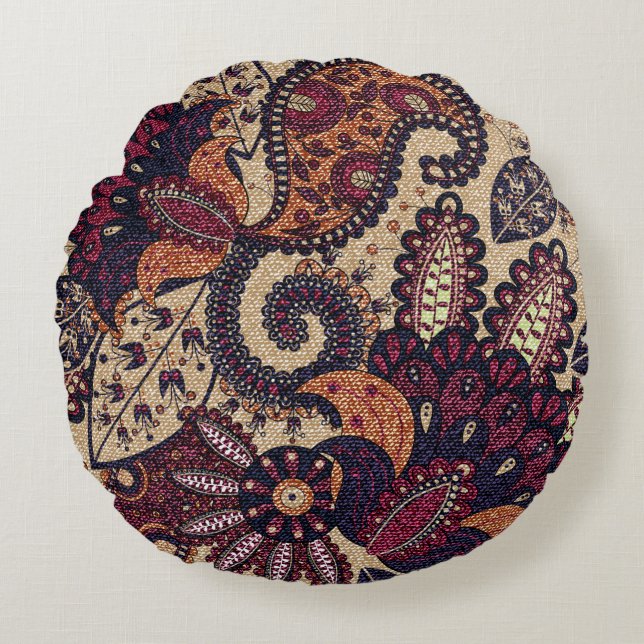 Paisley floral seamless pattern with decorative fl round cushion (Front)