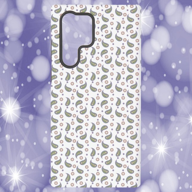 Paisley Flowers Dots Green Pink Purple Samsung Galaxy S22 Ultra Case (A phone case with a green, pink, blue and purple paisley, flower and polka dot pattern.)