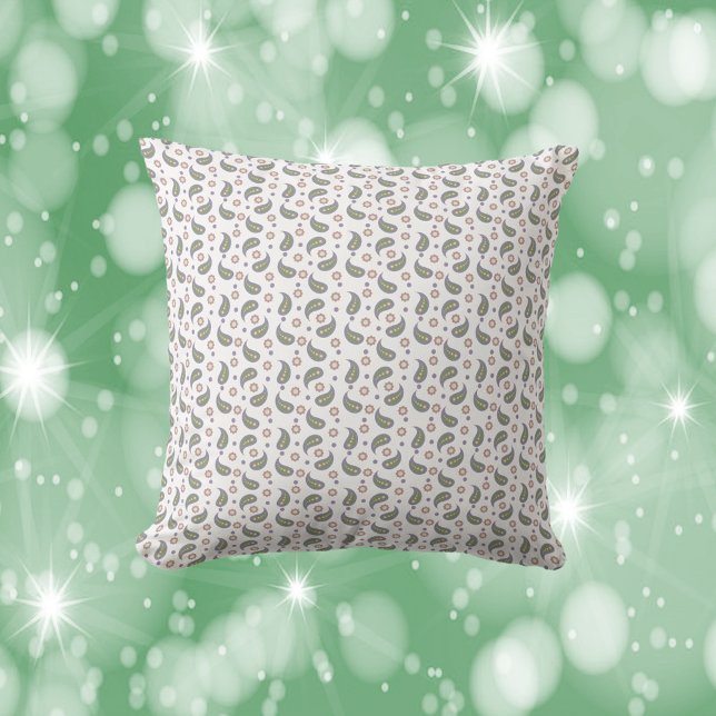 Paisley Flowers Dots Green Rose Purple Pattern Cushion (A throw pillow with a pattern of paisley, flowers and polka dots done in green, pink, purple & blue.)