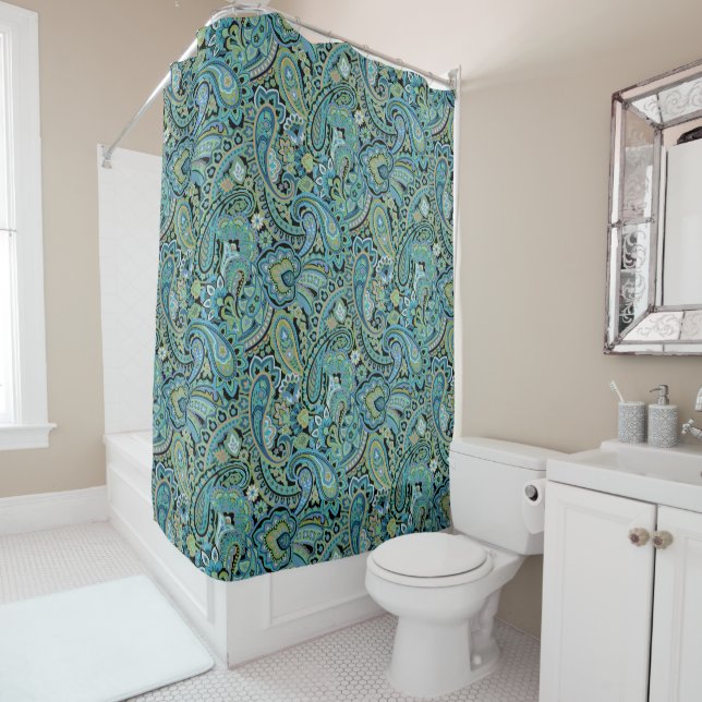 Paisley Forest Green Shower Curtain (In Situ)
