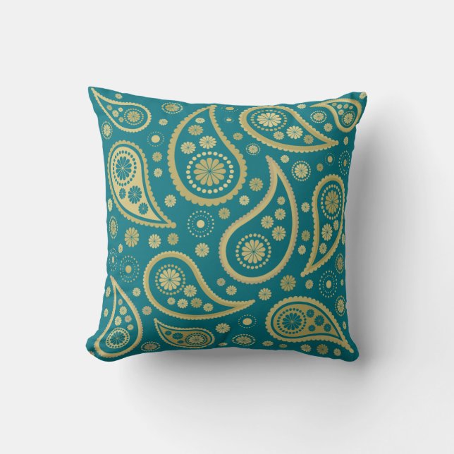 Paisley Funky Large Pattern Print in Teal & Golds Cushion (Front)