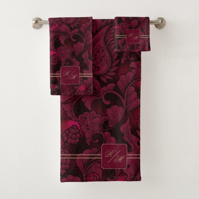 Paisley Garden Floral Monogram Burgundy/Gold ID750 Bath Towel Set (Insitu)