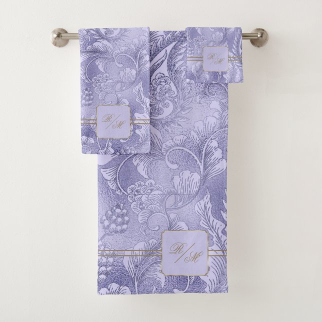 Paisley Garden Floral Monogram Violet/Gold ID750 Bath Towel Set (Insitu)