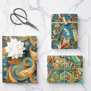 Paisley Golden Flower Abstract Pattern Set 1 Wrapping Paper Sheet