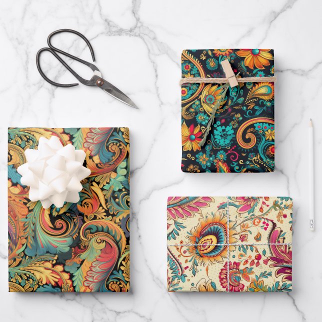 Paisley Golden Flower Abstract Pattern Set 5 Wrapping Paper Sheet (Front)
