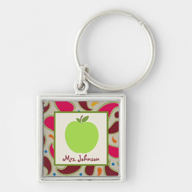 Paisley & Green Apple Personalised Teacher Key Ring (Front)