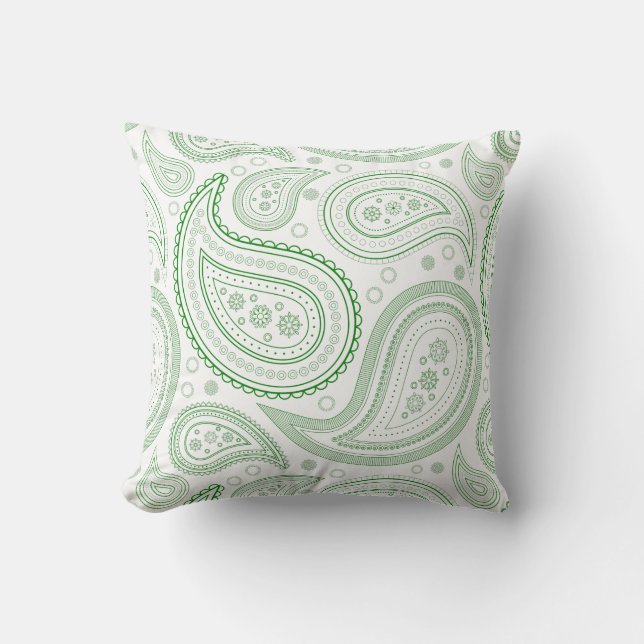 Paisley Green on White Throw Pillow (Front)