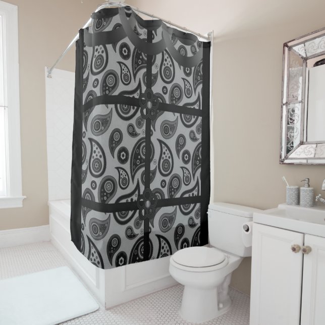 Paisley grey black showercurtain shower curtain (In Situ)