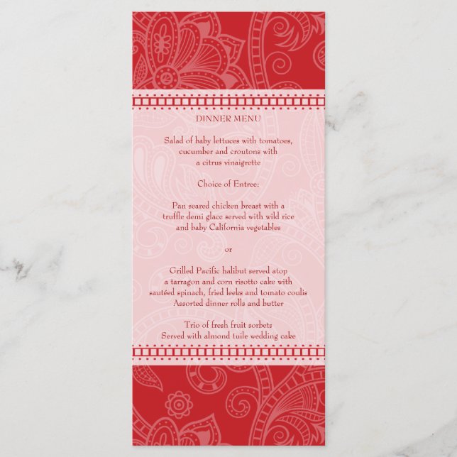 Paisley Impression in Crimson Menu Rack Card (Front)