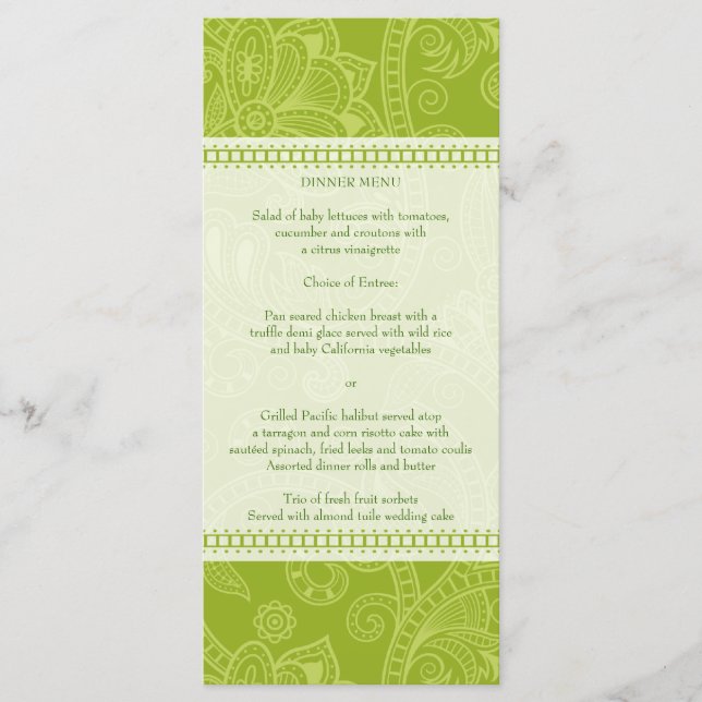 Paisley Impression in Green Menu Rack Card (Front)