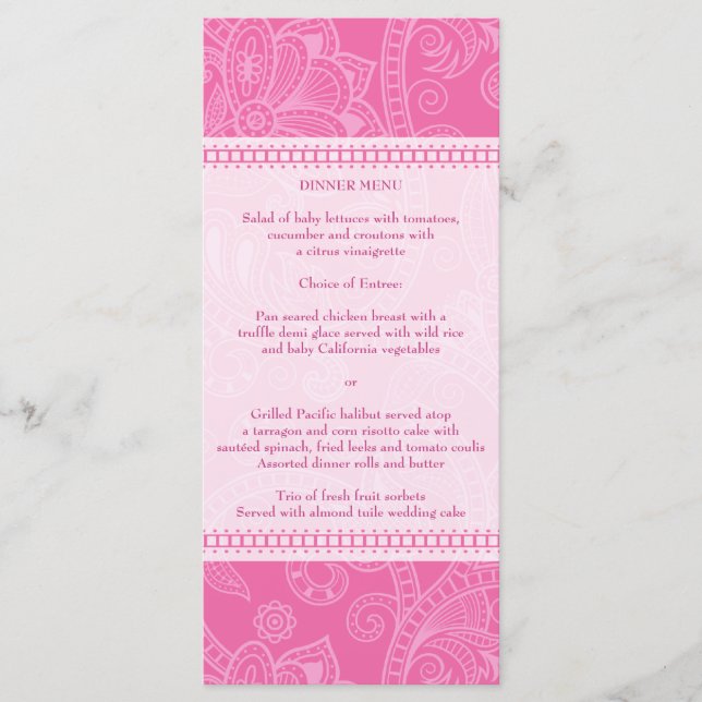 Paisley Impression in Pink Menu Rack Card (Front)